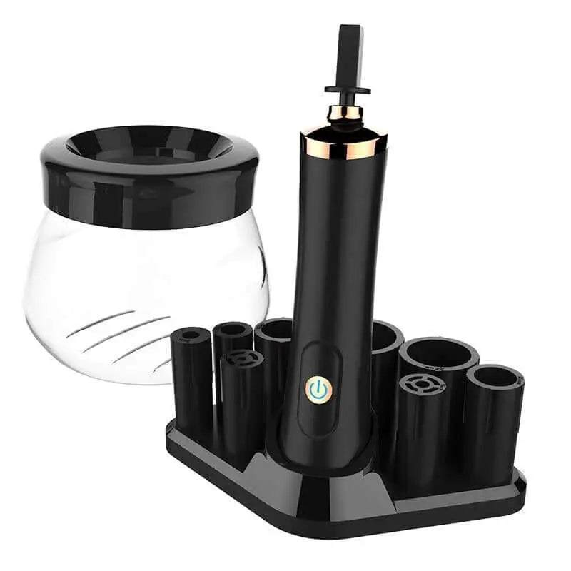 Electric makeup brush cleaning device with brush spinner and bowl in black.