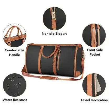Foldable travel duffle bag with non-slip zippers, comfortable handle, front side pocket, water-resistant material, and tassel decoration.