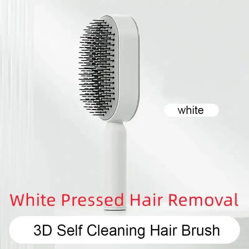 White pressed self-cleaning hair brush with 3D air cushion and scalp massage comb design