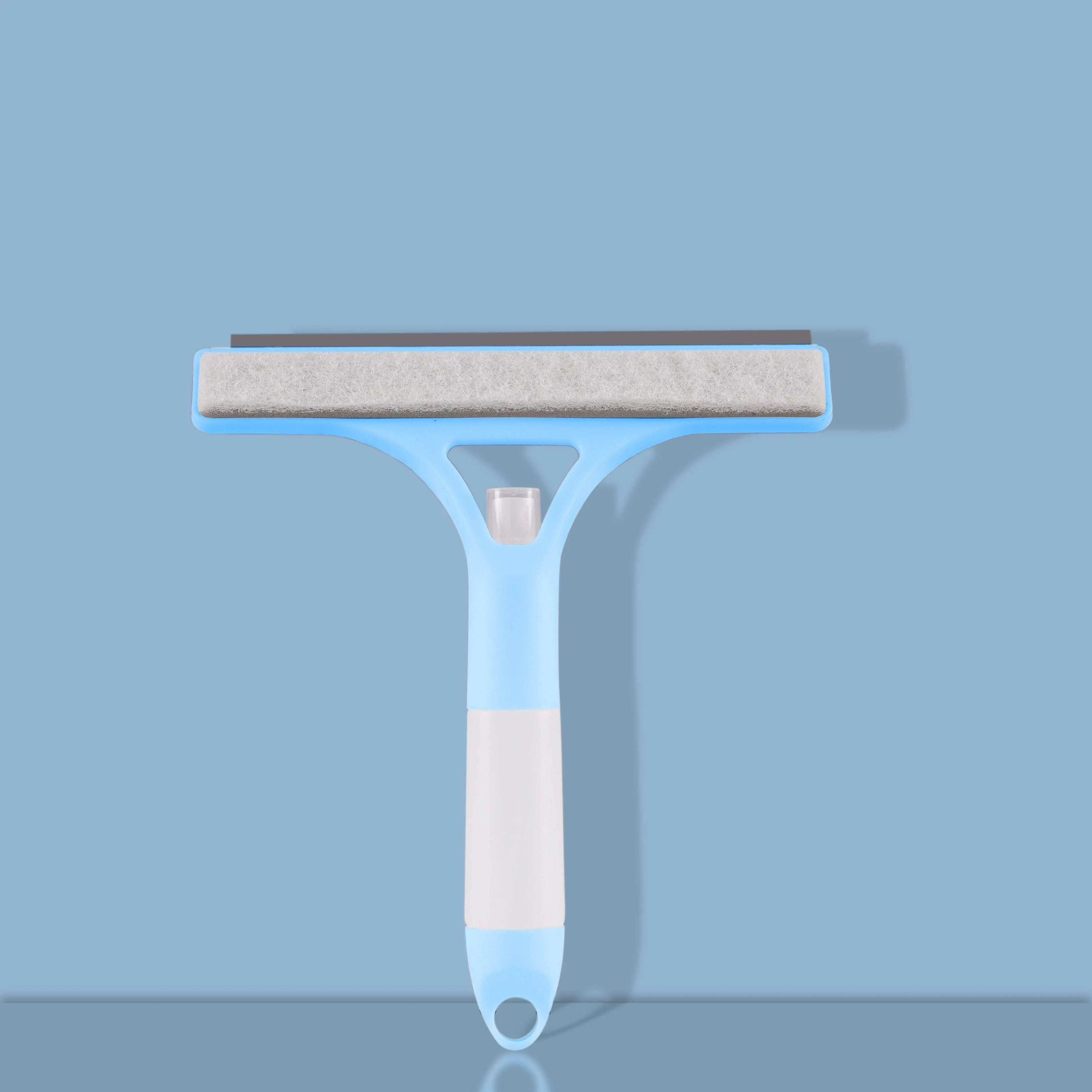 Glass cleaner wiper with built-in scraper and sprayer on a blue background.