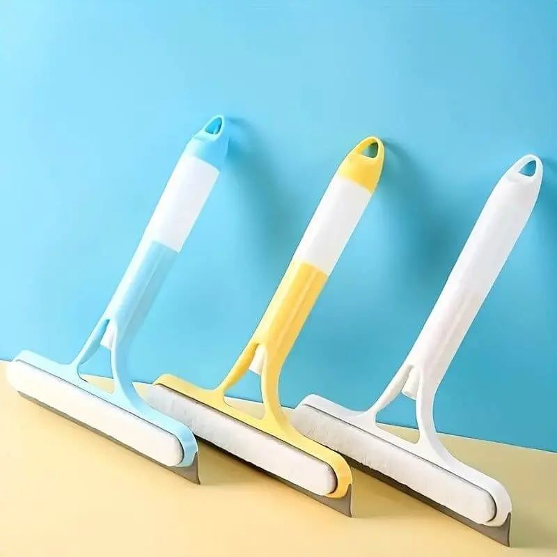 Glass cleaner wiper with scraper and sprayer in blue, yellow, and white, designed for streak-free cleaning of glass surfaces.