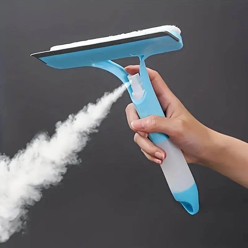 Glass cleaner wiper with scraper and spraying feature for efficient cleaning.