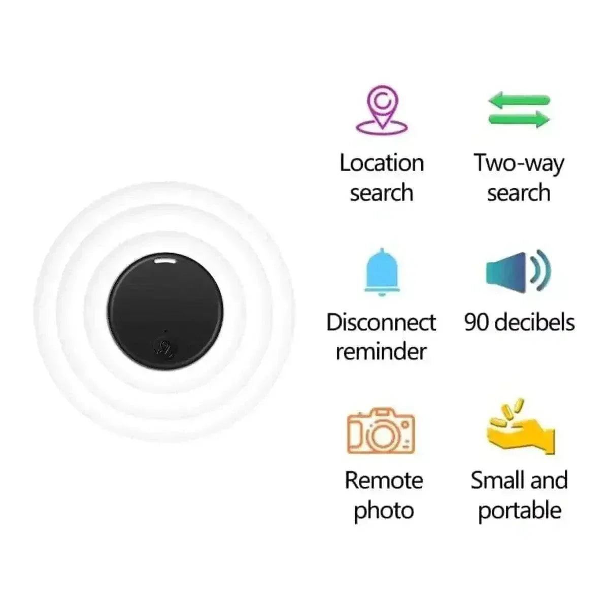 Bluetooth GPS device features including location search, two-way search, disconnect reminder, 90 decibels, remote photo, small and portable.