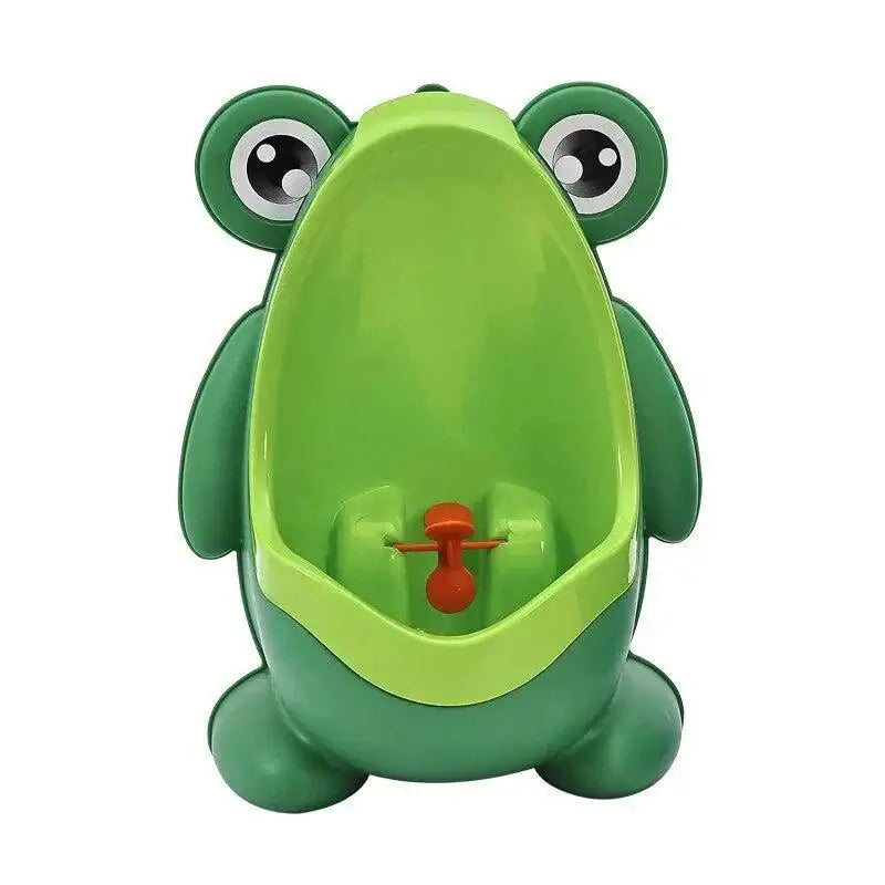 Green wall-mounted frog-shaped potty training urinal for kids with rotating windmill toy