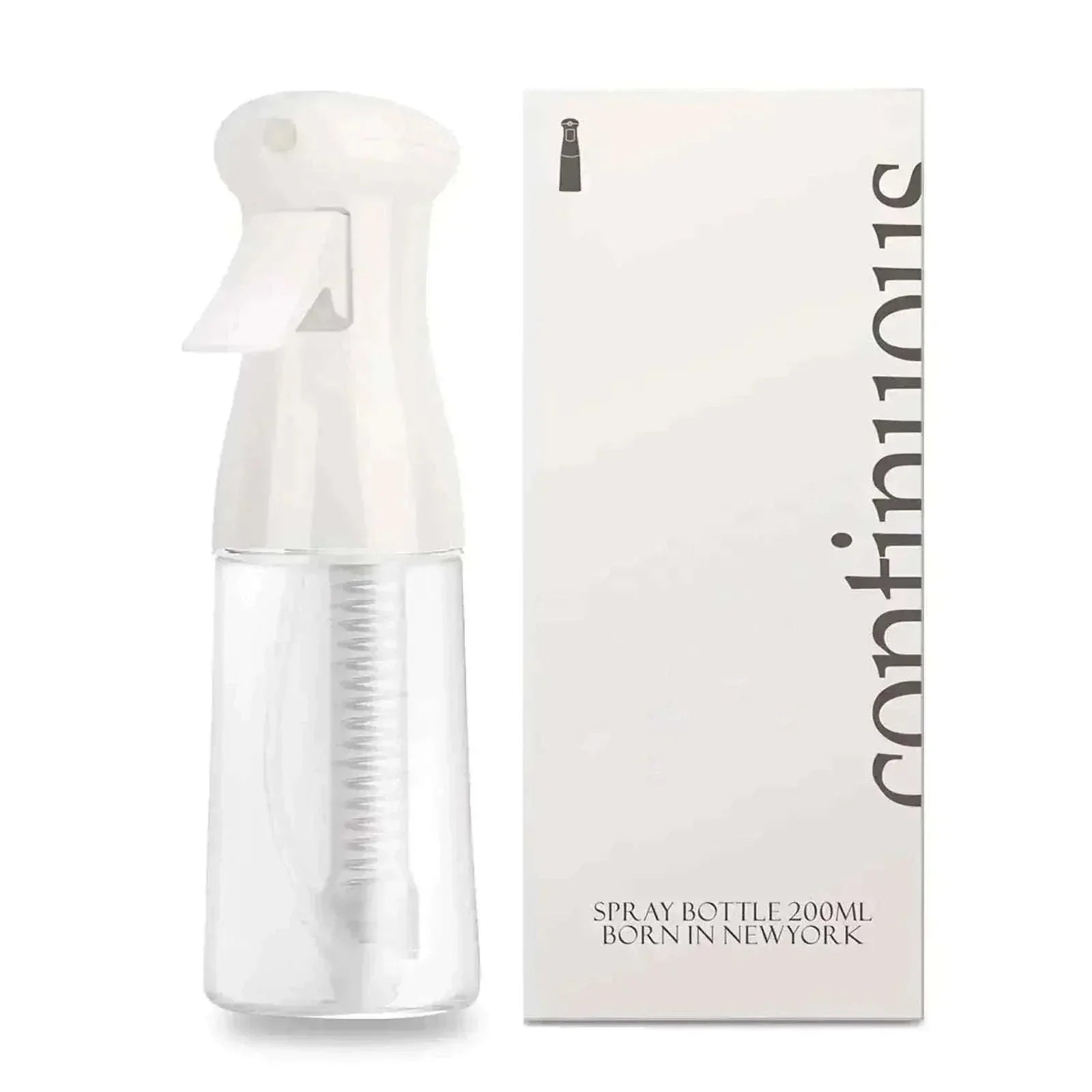 Continuous spray bottle for hair styling and plant misting, ergonomic design, white.