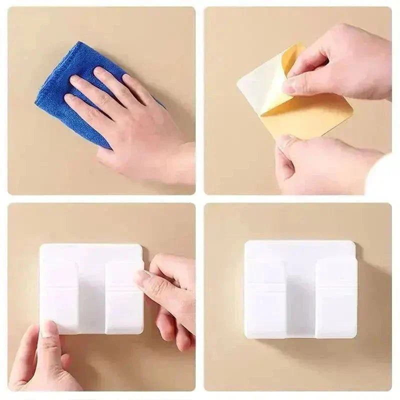 Hand cleaning wall for phone holder installation with blue cloth and adhesive pads.