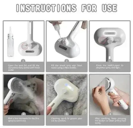 Step-by-step instructions for using the Steamy Brush Pet Spray, showing filling, spraying, and grooming steps.