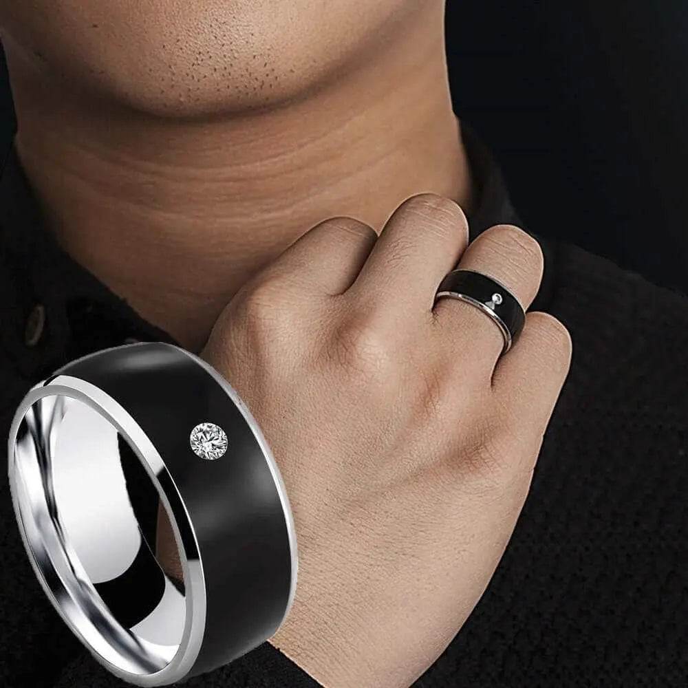 Intelligent Multi-functional NFC Smart Ring on hand showing fashionable technology accessory.