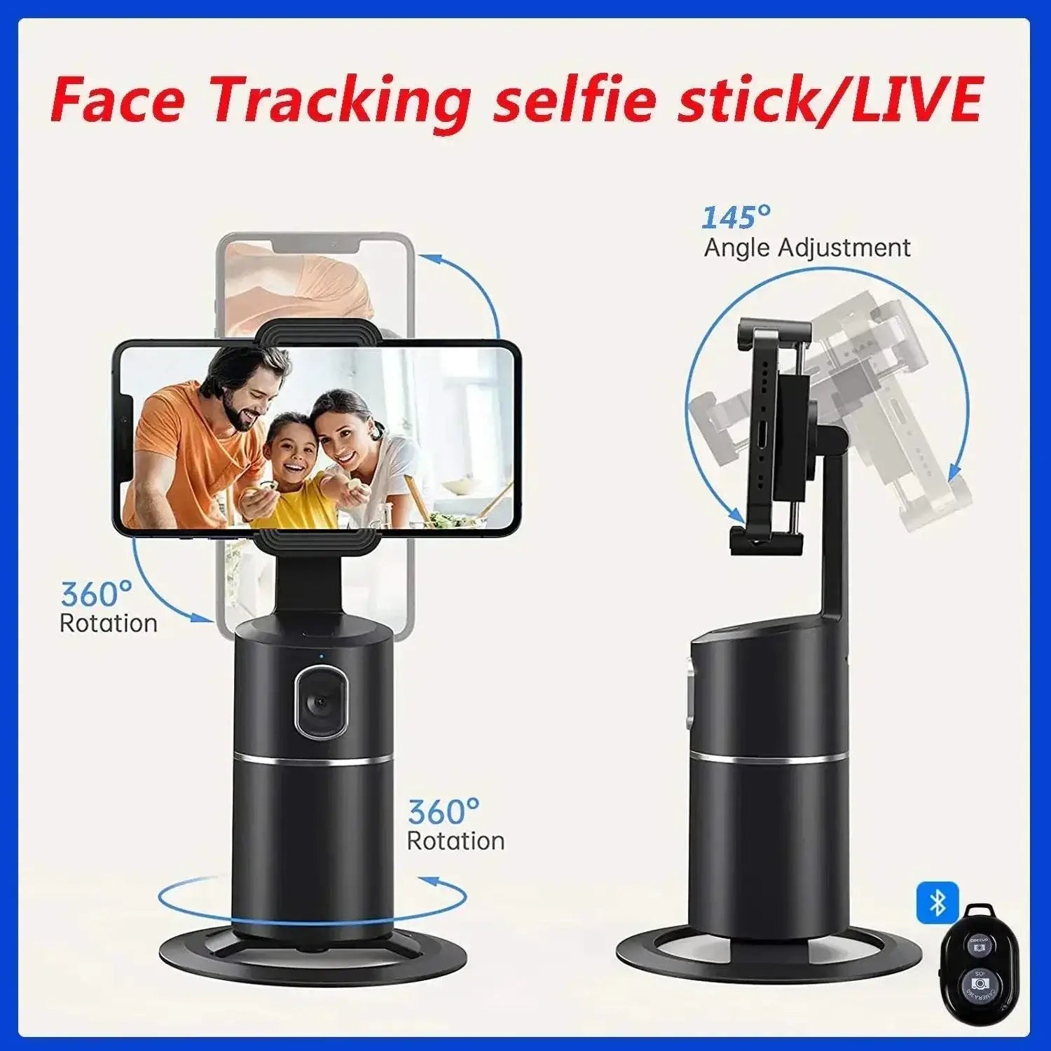 Auto face tracking selfie stick with 360-degree rotation and 145-degree angle adjustment for hands-free, perfectly framed photos and videos.