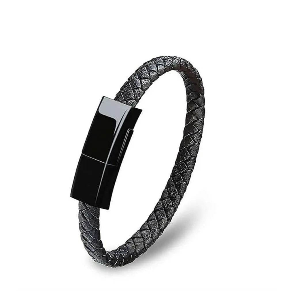Black braided leather bracelet with hidden charge and sync USB cable for data transfer and charging