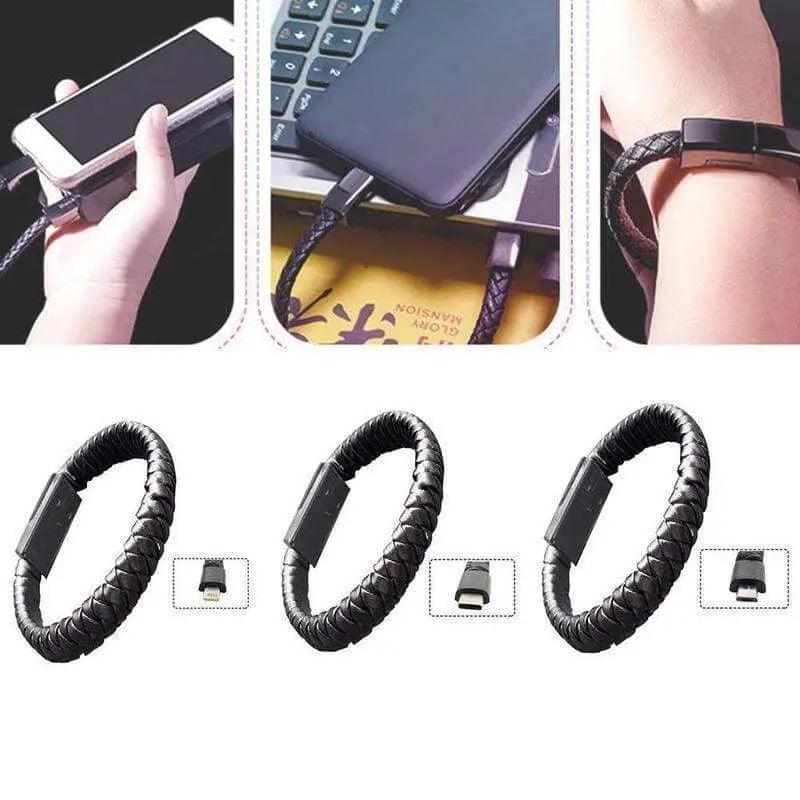 Leather braided USB bracelet charge and sync cable for wearable data charging and syncing