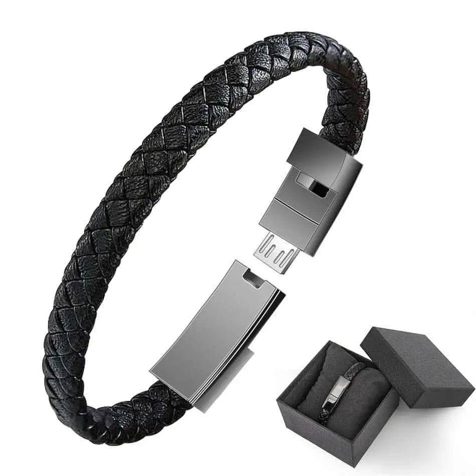 Leather Mini USB bracelet with hidden charging cable and zinc alloy connectors.