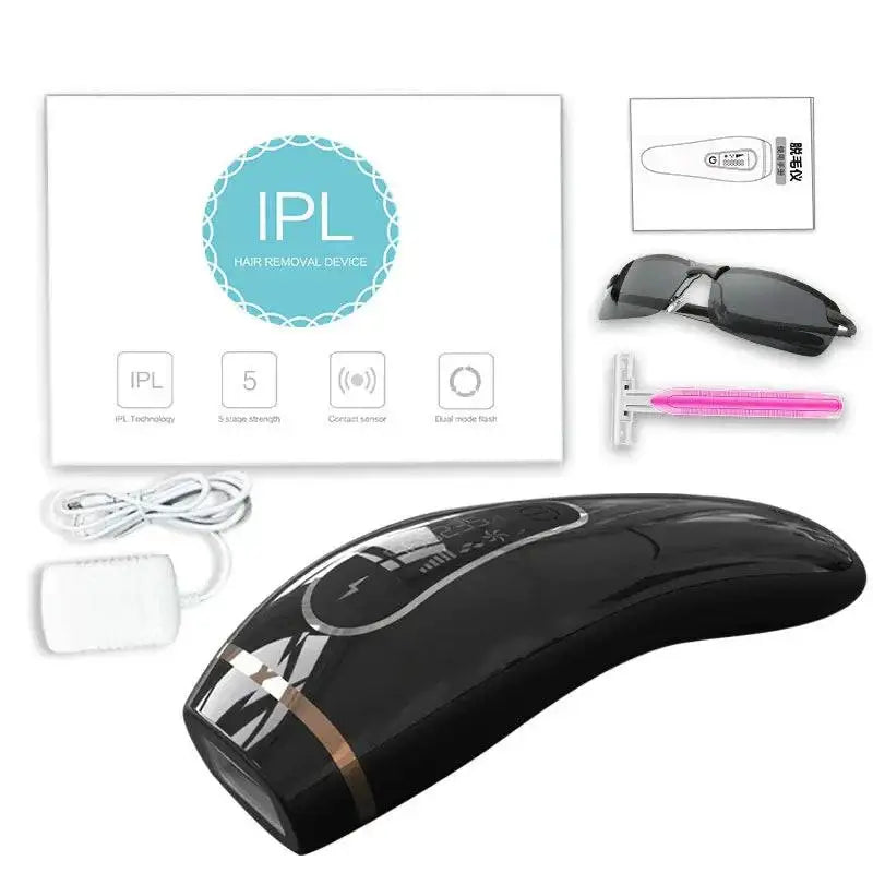 Home laser hair removal device with IPL technology, accessories including glasses and razor for full body care.