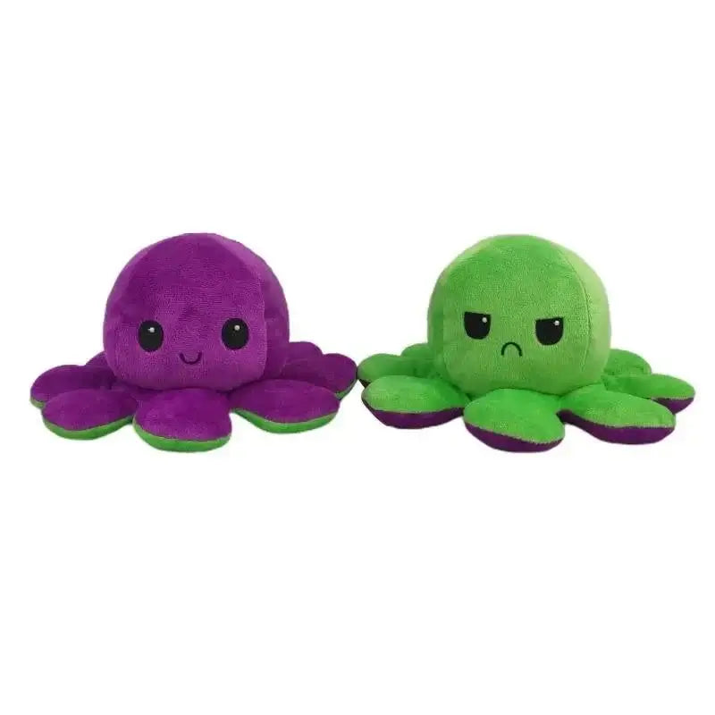 Double sided flip octopus plush toy with happy and angry expressions in purple and green colors