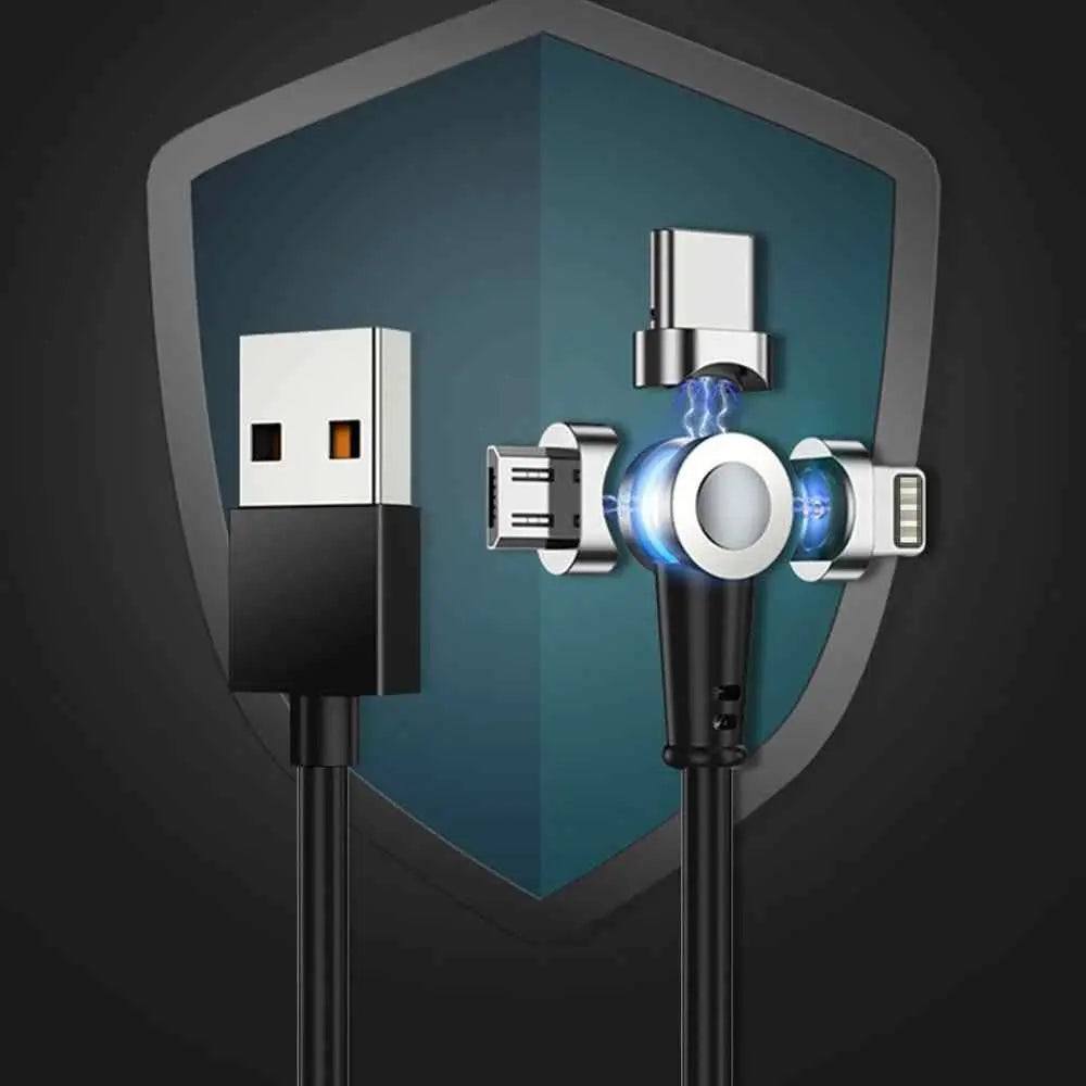 Magnetic charging cable with 180-degree rotatable USB-C connector and fast charging technology.
