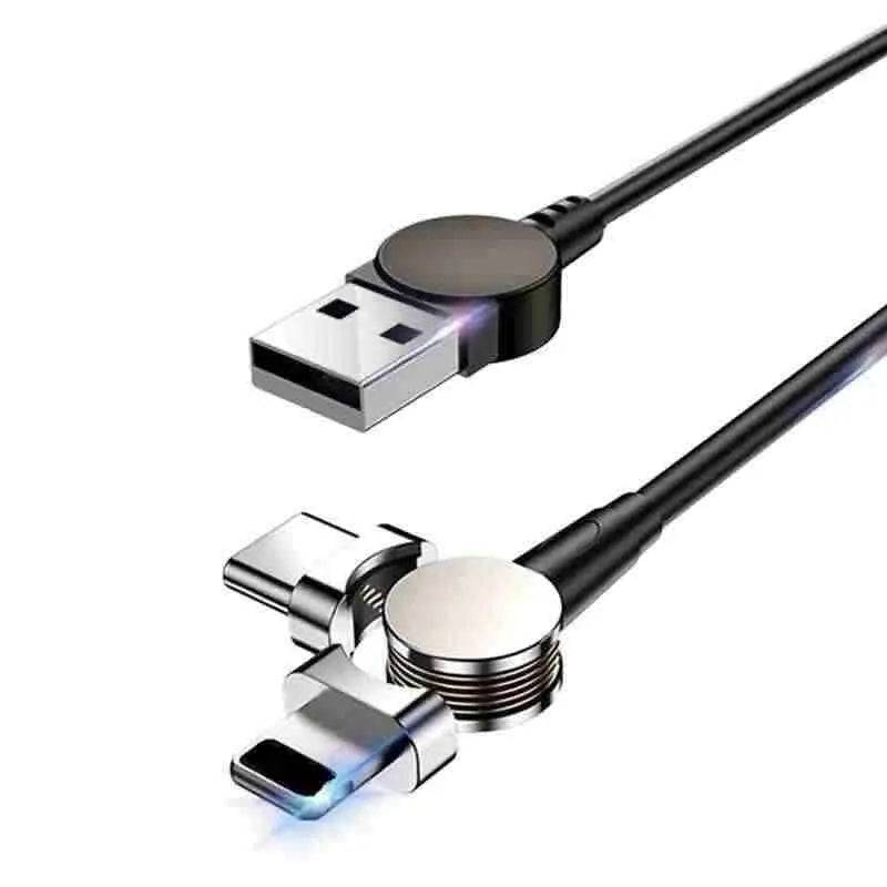 Magnetic charging cable with USB-C connector, 180-degree rotation, fast and flexible design in red/black.