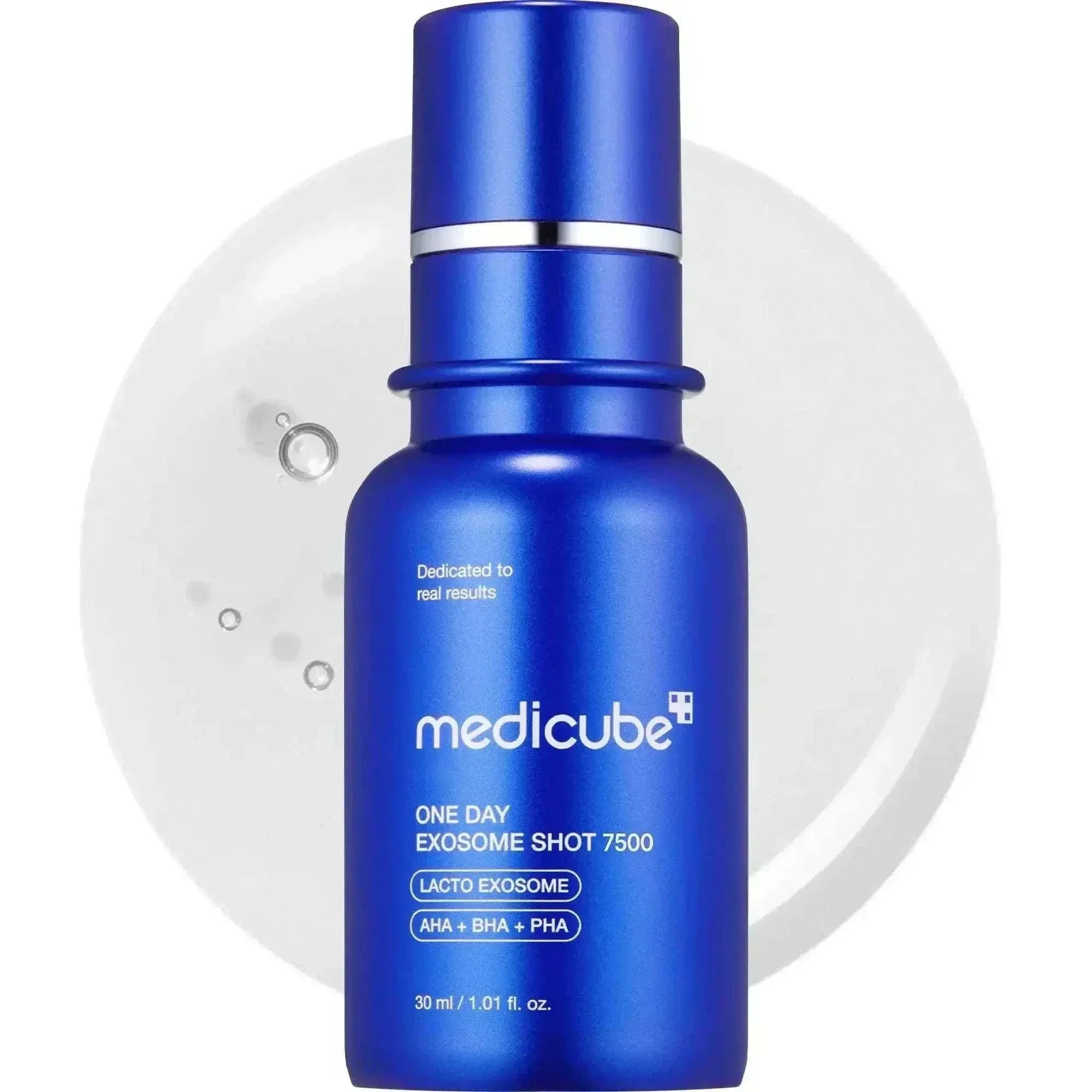 Blue bottle of Medicube Zero Exosome Shot, featuring advanced Exosome Technology for enhanced skin absorption and hydration.