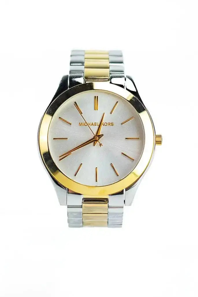 Michael Kors Slim Runway Gold Silver Toned Watch, stainless steel, 40mm case, stylish wrist accessory.