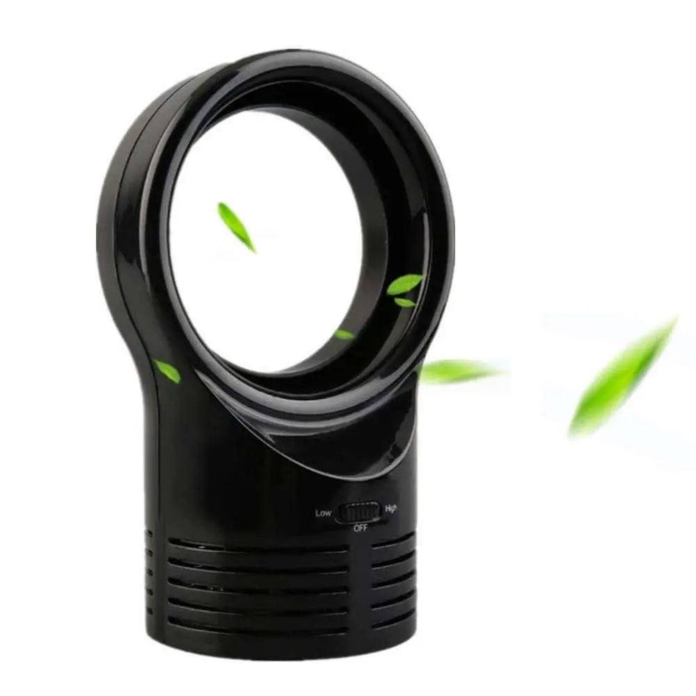 Black mini portable desktop bladeless fan, lightweight and stylish with USB charging feature.
