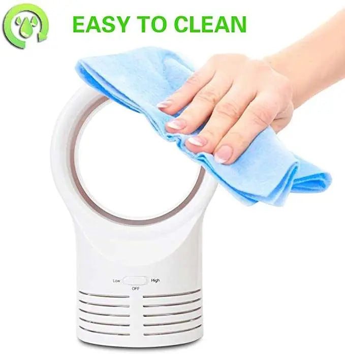 Mini Portable Desktop Bladeless Fan being cleaned with a cloth, highlighting its easy maintenance feature.