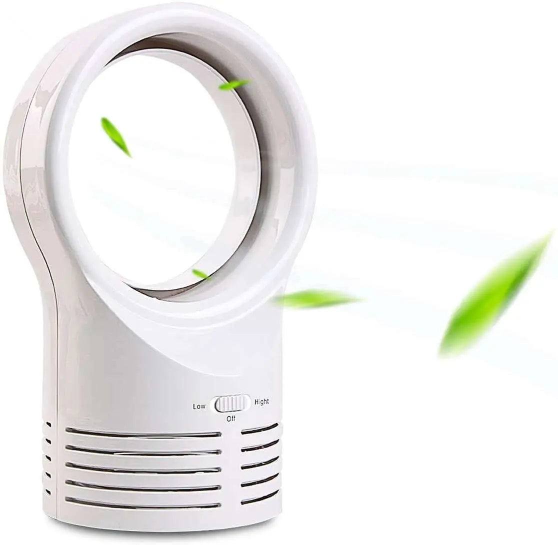 Mini portable desktop bladeless fan with green leaves indicating airflow.