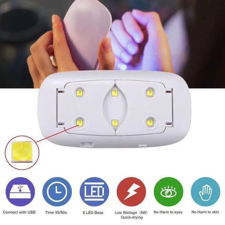 Mini Portable LED UV Nail Dryer with USB connection, low wattage, and quick-drying features.