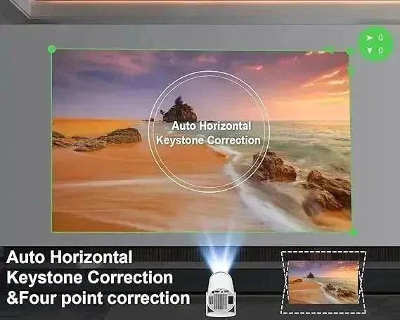 Mini portable projector displaying vibrant beach scene with auto horizontal keystone correction; ideal for home entertainment.