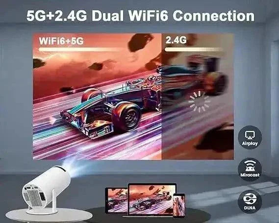 Mini Portable Projector with WiFi6 dual connection, showcasing vivid automotive visuals, compatible with multiple devices for home entertainment.