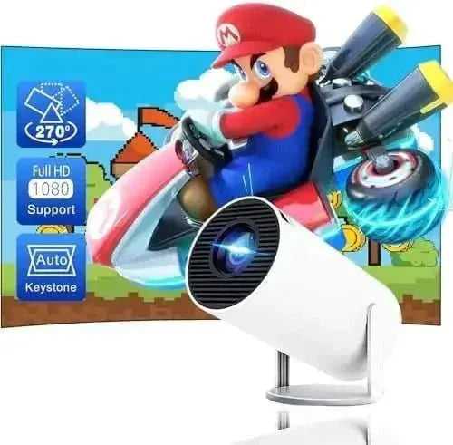 Mini portable projector displaying vibrant video game graphic, ideal for home entertainment.