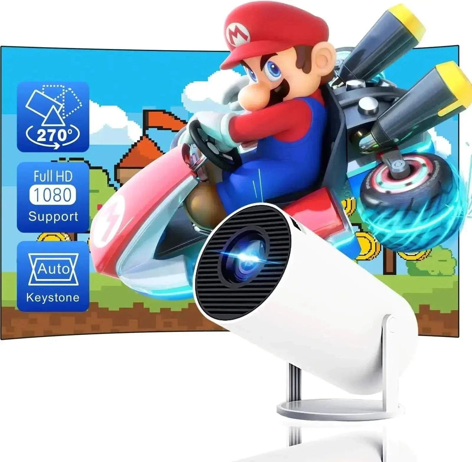 Mini portable projector displaying vibrant game visuals, perfect for home entertainment.
