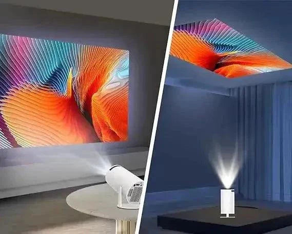 Home entertainment projector displaying colorful visuals on a wall and ceiling.