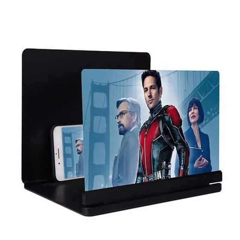 Mobile screen amplifier enlarging phone screen with stand, featuring a movie image for enhanced viewing experience.
