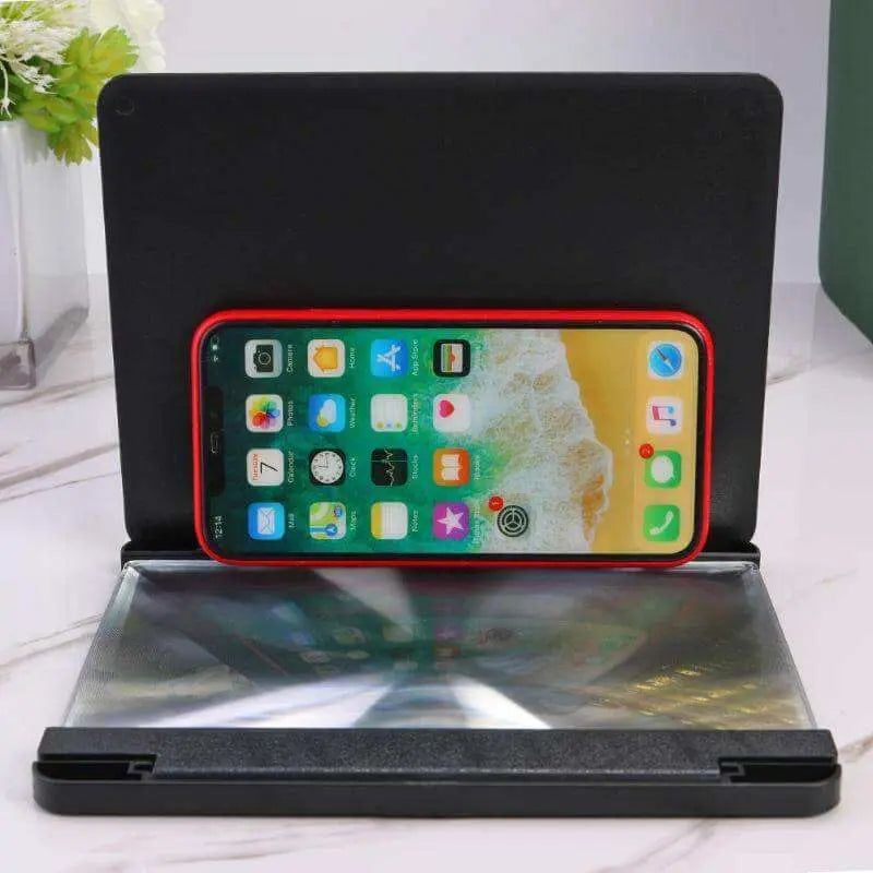 Mobile Screen Amplifier enhancing phone display on a stand.