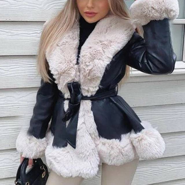 Stylish Autumn/Winter PU Leather Coat with fur collar and lace-up waist detail.