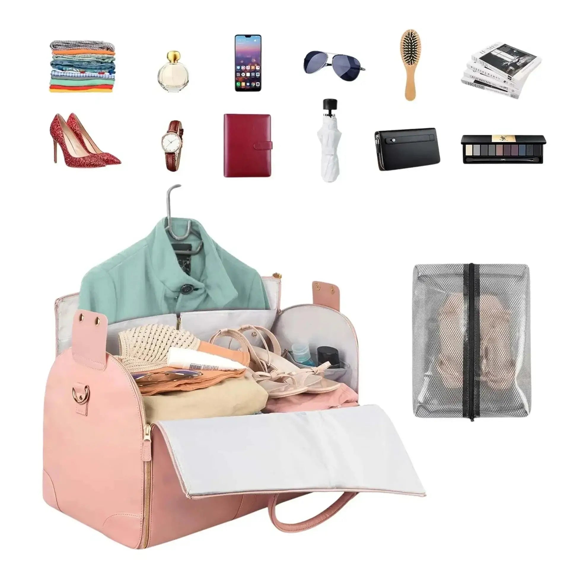 Foldable Travel Duffle Bag with ample storage, compact design, and included travel essentials.