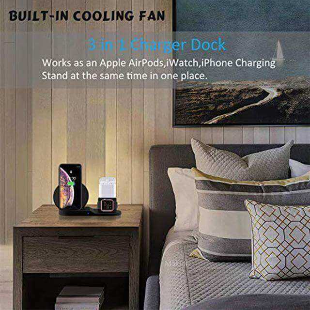3-in-1 wireless charging dock for iPhone, AirPods, and iWatch on bedside table in cozy bedroom setting.