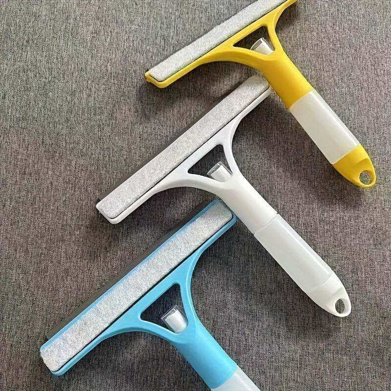 Glass cleaner wiper with scraper and sprayer in multiple colors on a gray background.