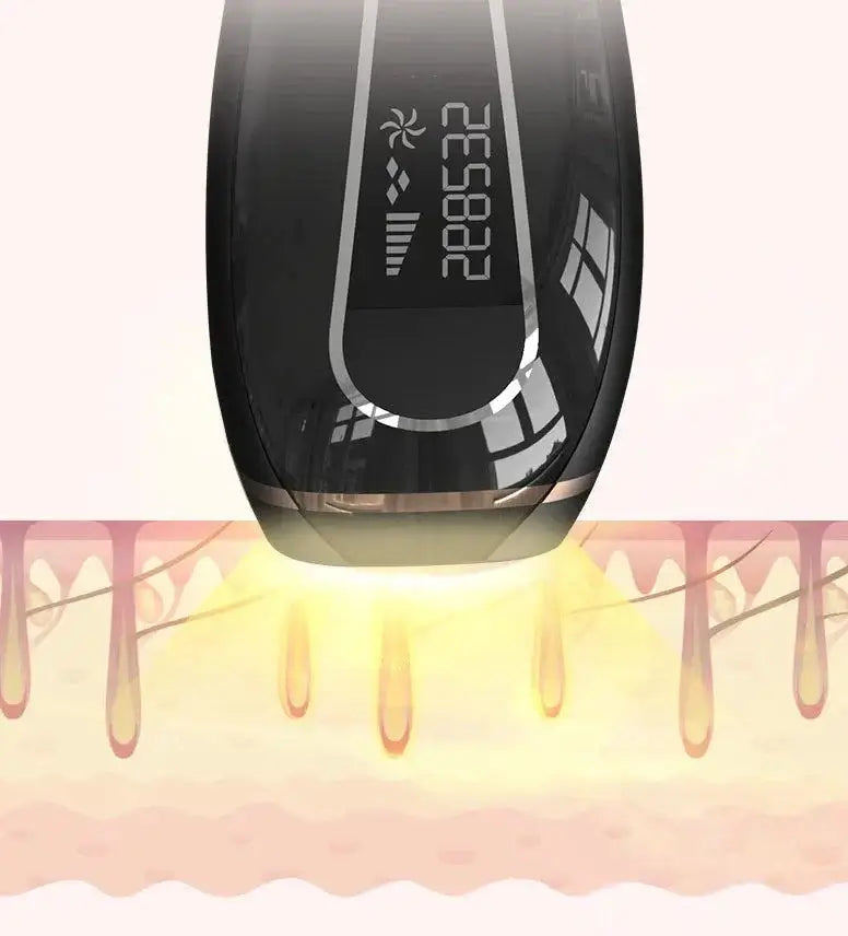 Home laser hair removal device emitting light on skin, designed for full body care and smooth results.