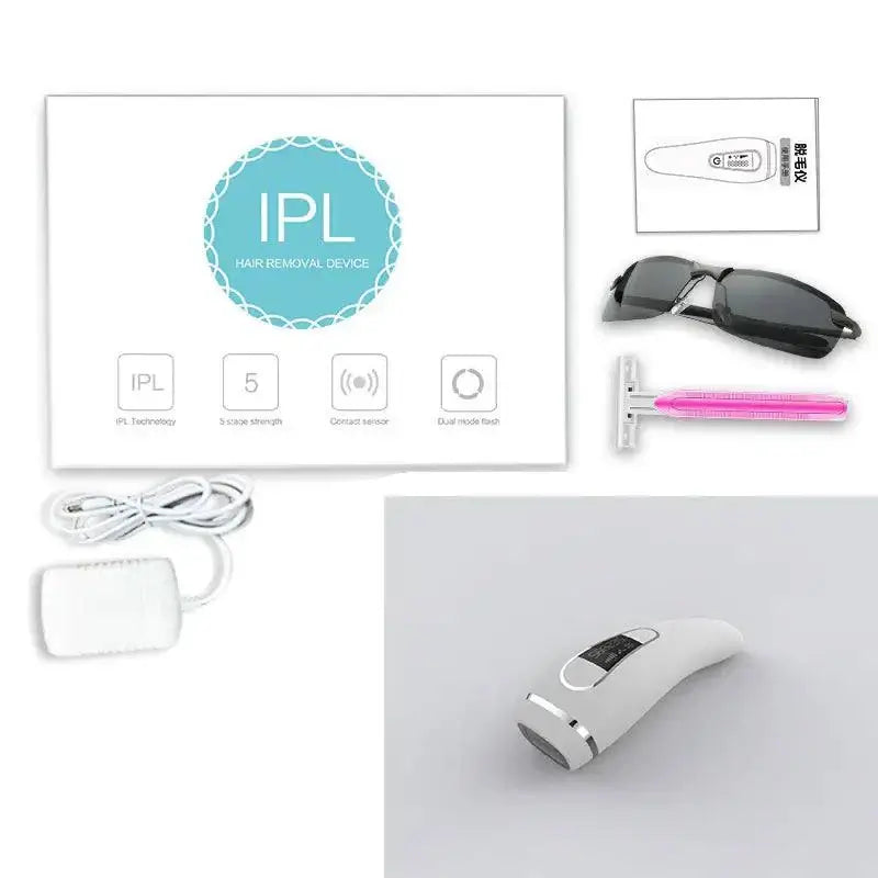 Home laser hair removal device kit with IPL technology, safety glasses, razor, and user manual for full body care.