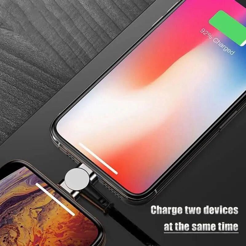 Fast magnetic charging cable with USB-C connector charging two devices simultaneously.