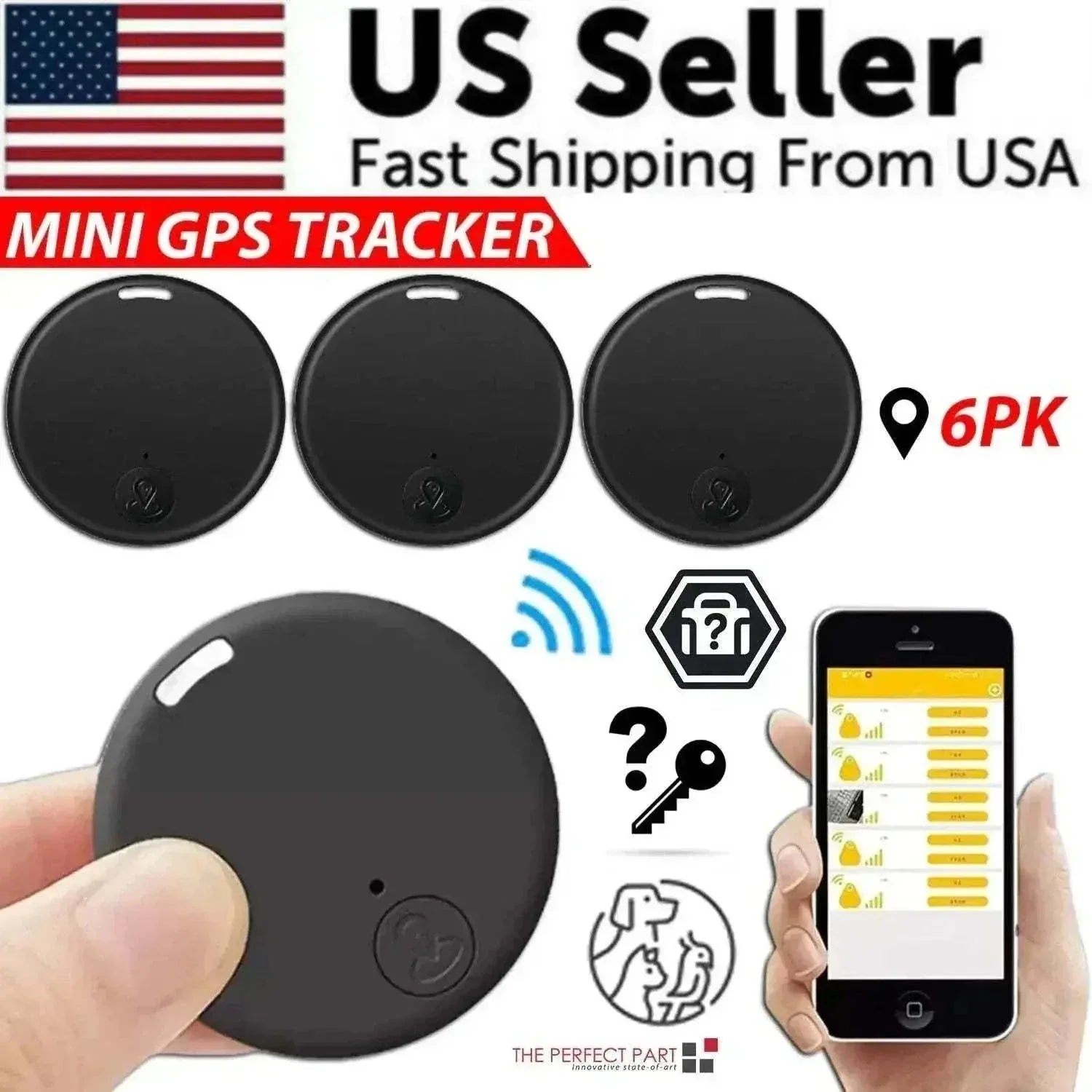Bluetooth GPS device for real-time location tracking of keys, pets, and personal items, shown with smartphone app and multiple trackers.