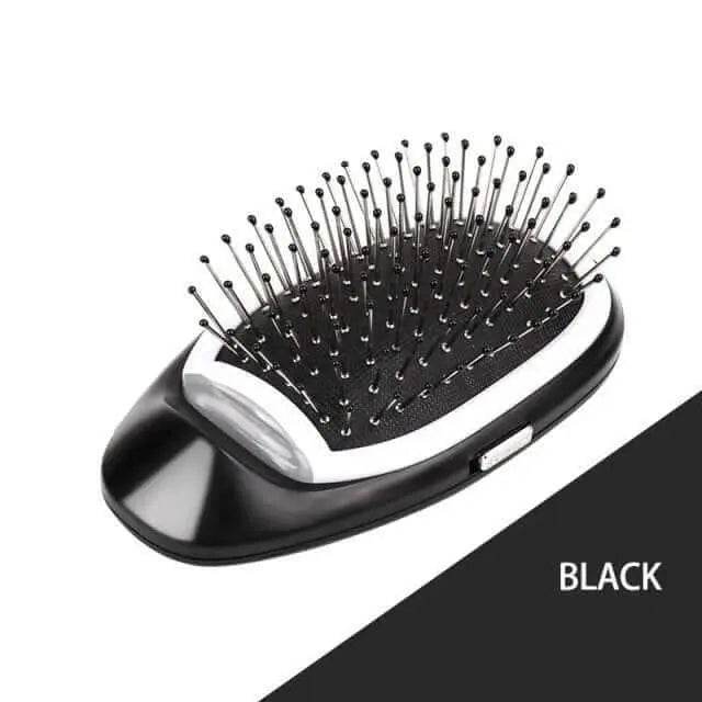 Black portable electric ionic styling hairbrush with metal tooth comb and on/off button.