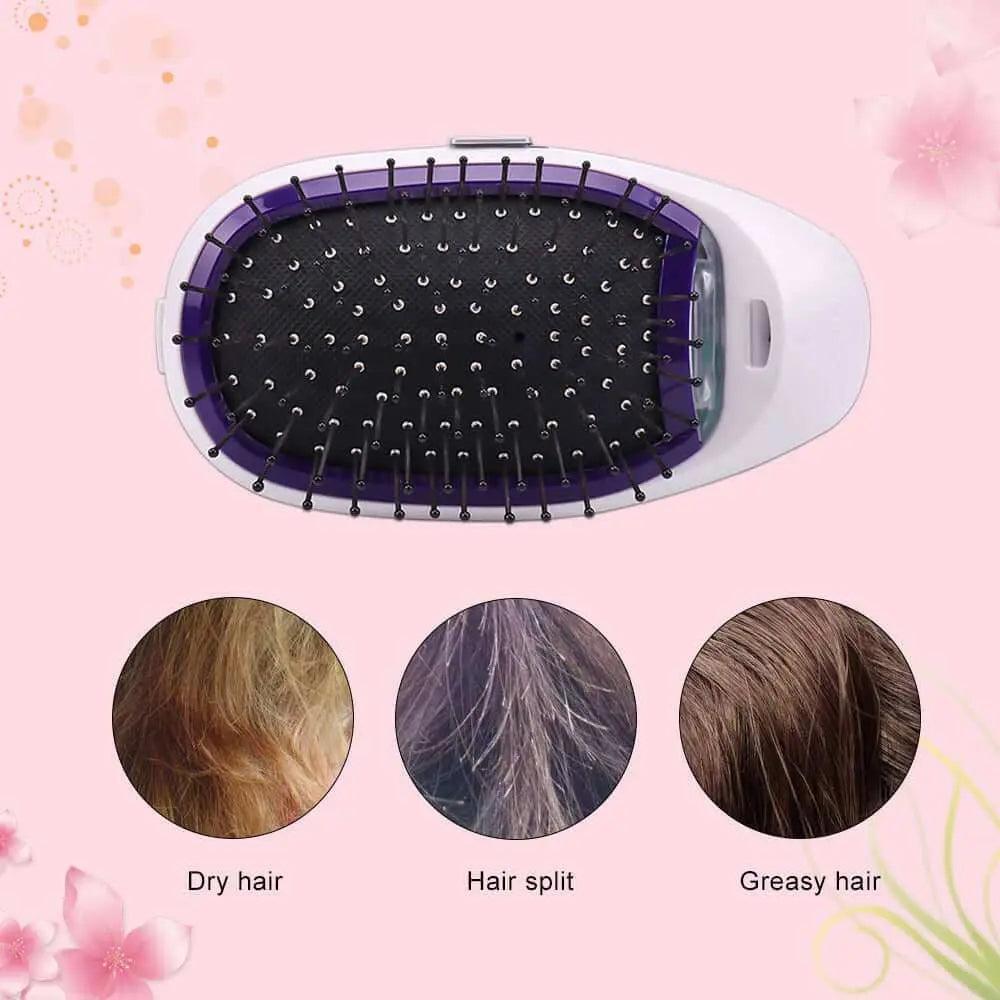 Portable electric ionic styling hairbrush for dry, split, and greasy hair reduction.