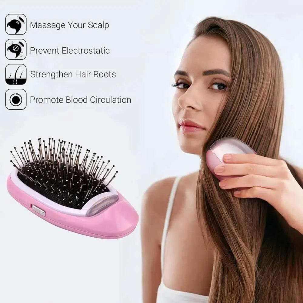 Portable electric ionic styling hairbrush being used to promote scalp massage and prevent frizz.