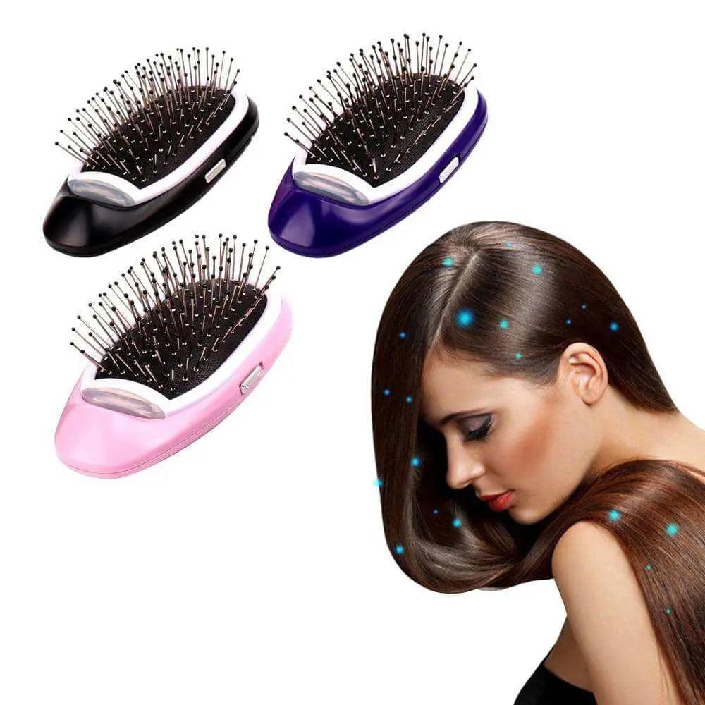 Portable electric ionic styling hairbrush in pink, black, and purple, featuring vibrating ionic massage for frizz-free hair.