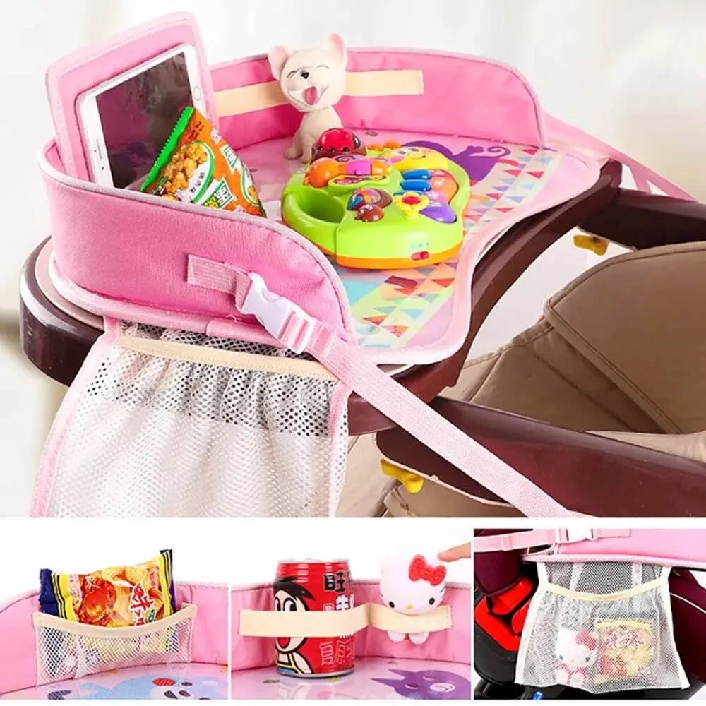 Portable waterproof baby car tray with toy and storage pockets for safe travel.