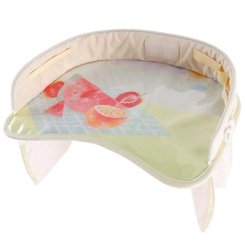 Portable waterproof baby car tray with colorful interior design for safe and fun travels.