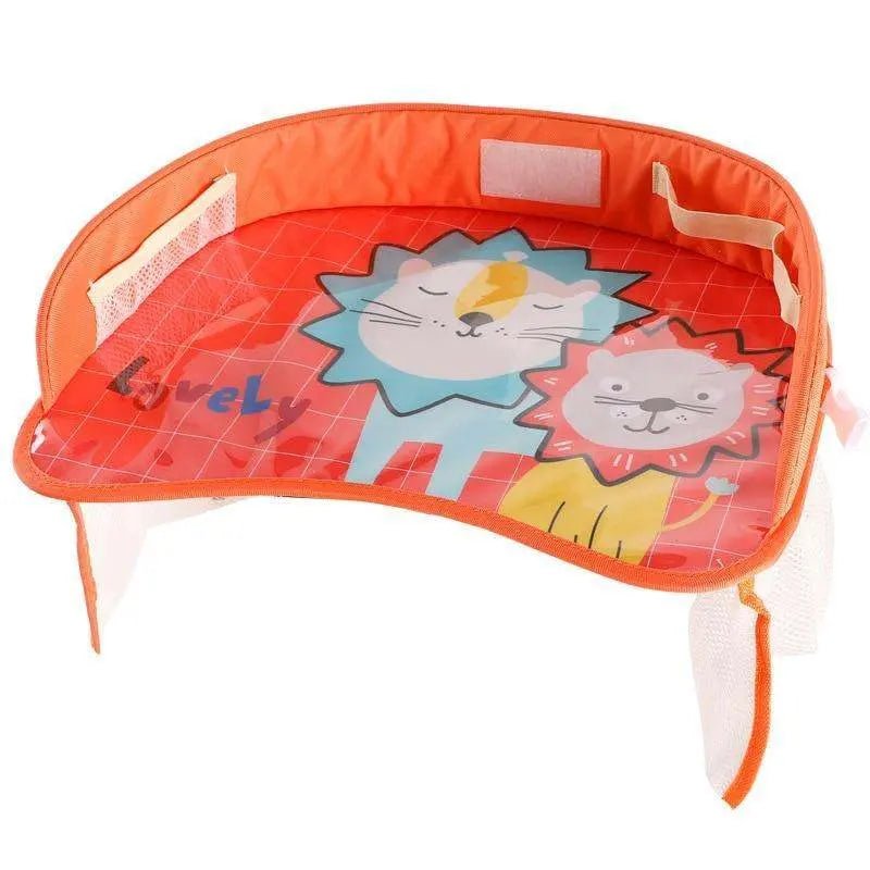 Portable waterproof baby car tray for safe, fun travels with colorful lion design.
