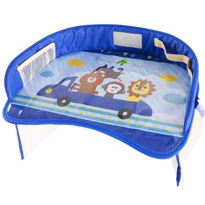 Portable waterproof baby car tray with fun animal design, mesh pockets, and secure straps for safe travel activities.