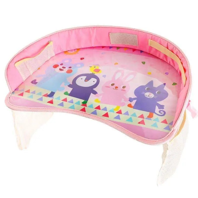 Portable waterproof baby car tray with colorful animal design and side pockets for travel.